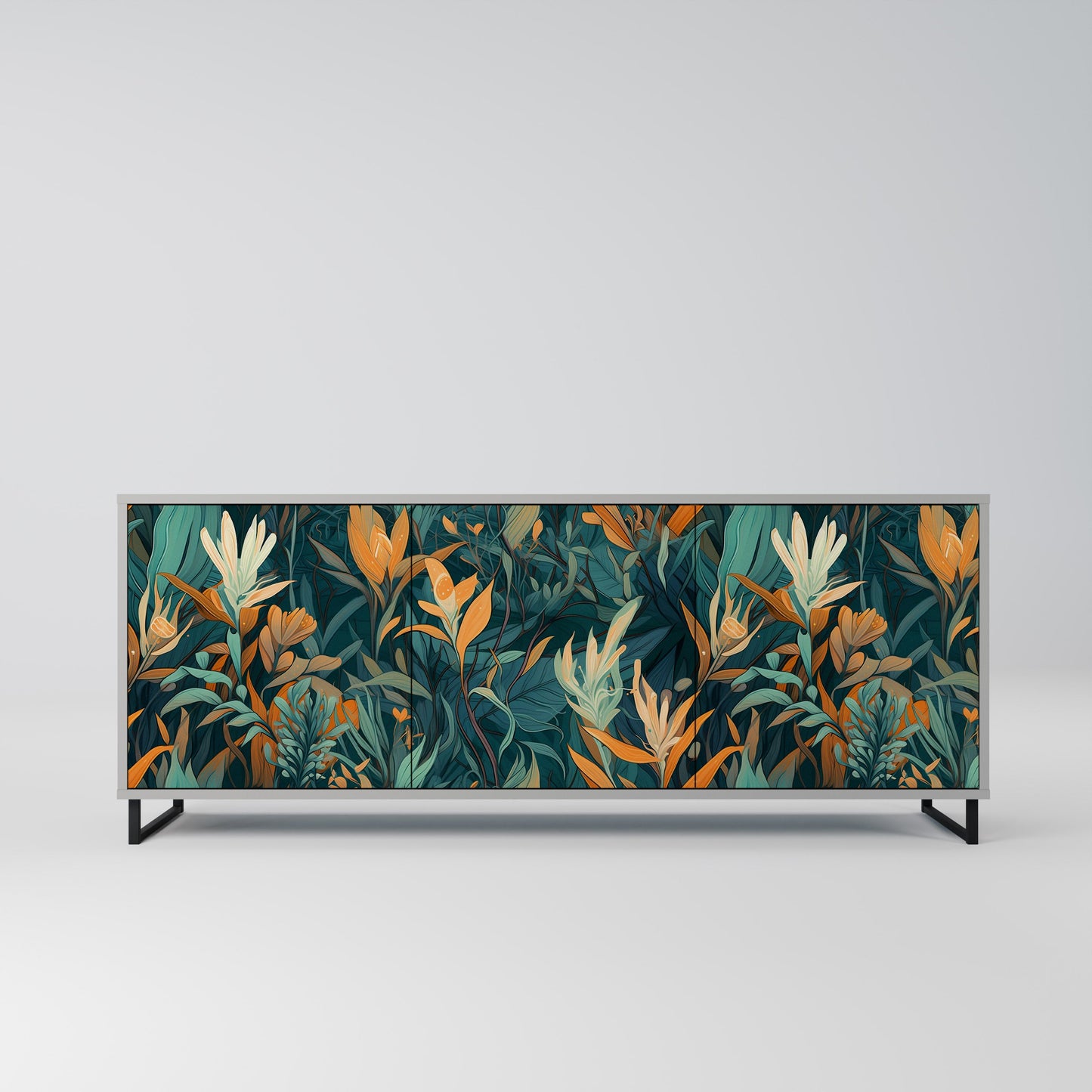 FLORAL SERENITY 3-Door Sideboard in Grey Finish