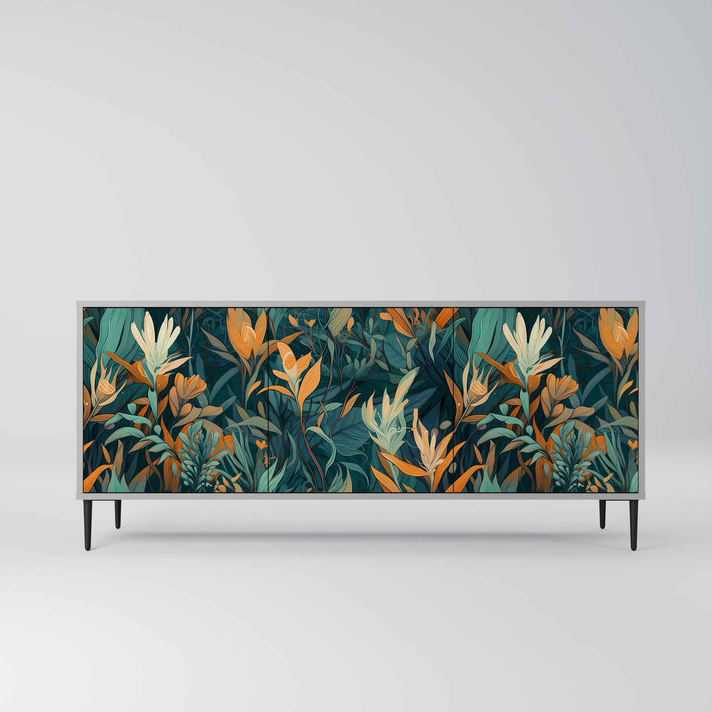 FLORAL SERENITY 3-Door Sideboard in Grey Finish