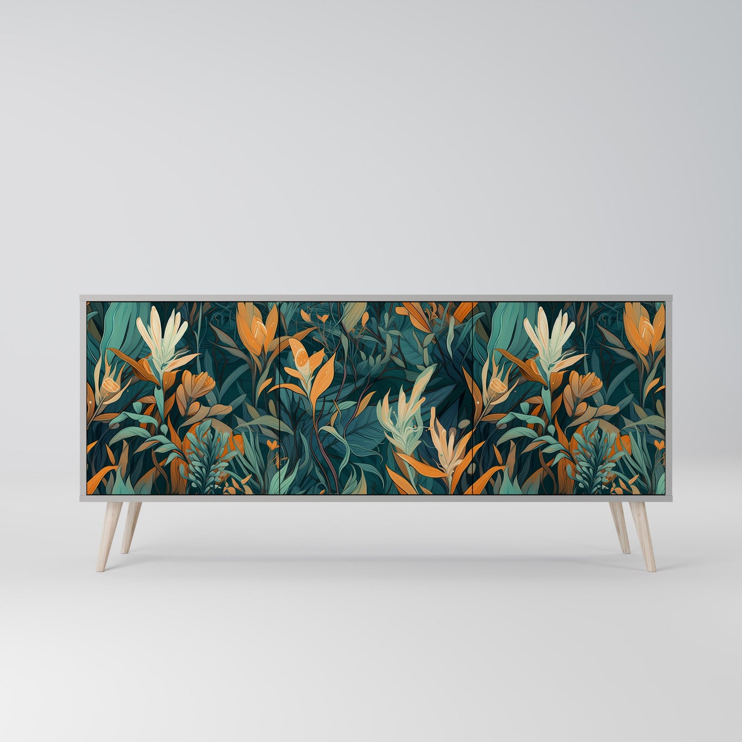 FLORAL SERENITY 3-Door Sideboard in Grey Finish