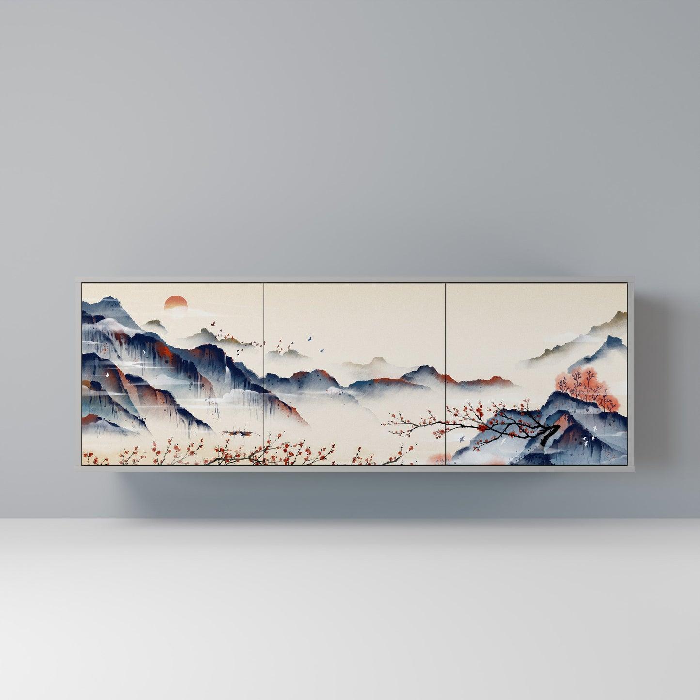 JAPANESE LANDSCAPE 3-Door Sideboard in Grey Finish