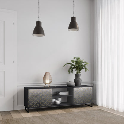 TESSELATED GRAYISH 2-Door TV Stand in Black Finish