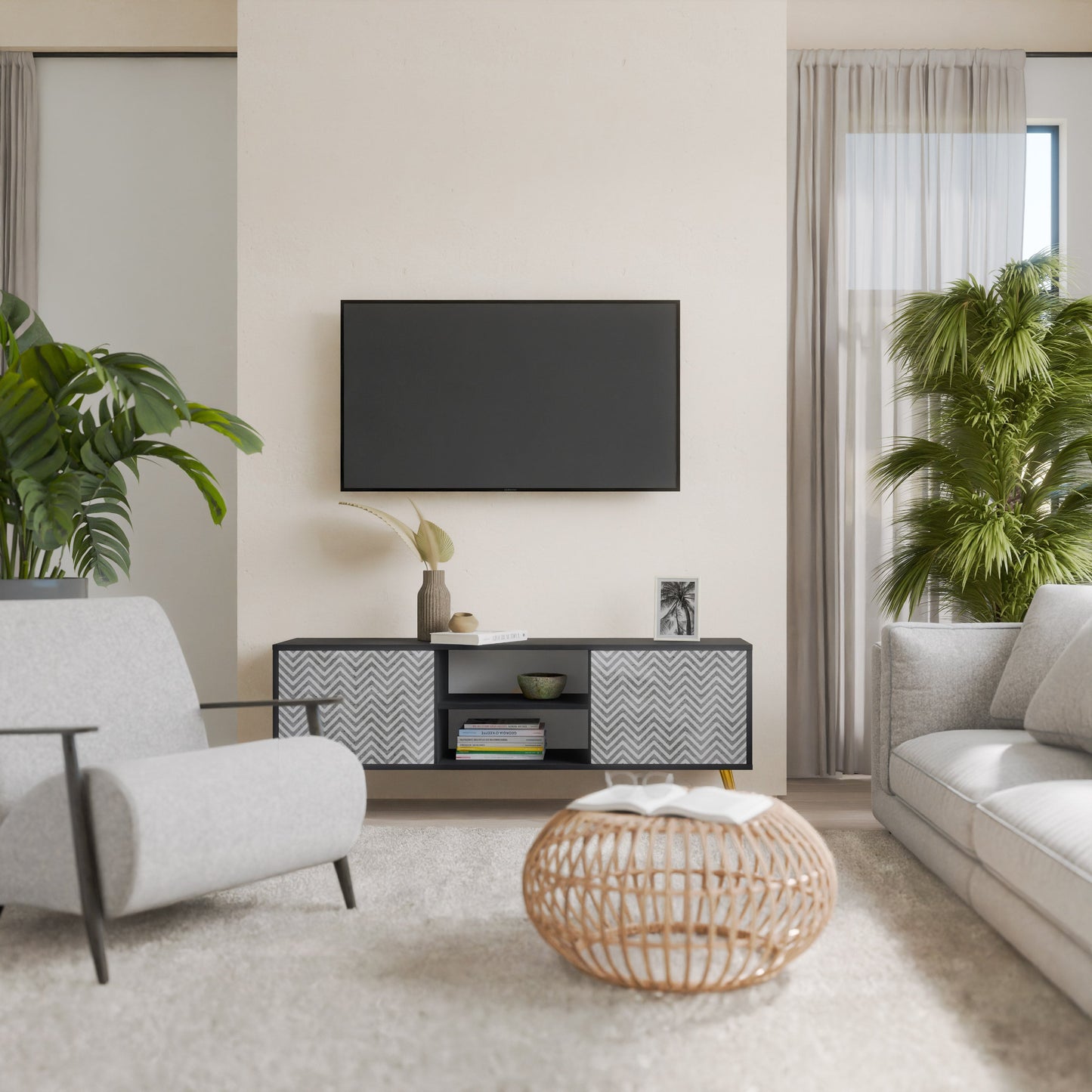 Mobile TV CONCRETE ZIG ZAG a 2 ante in finitura nera
