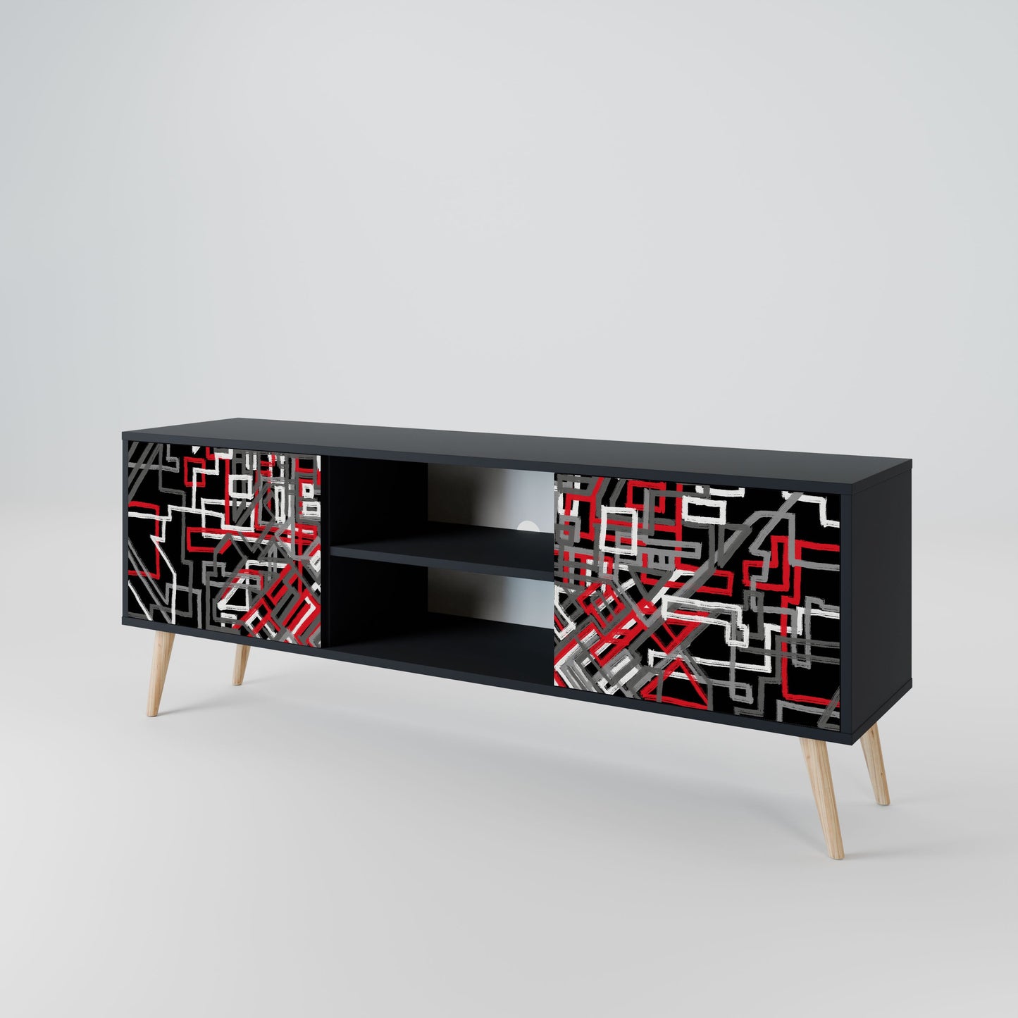 BROKEN LINES 2-Door TV Stand in Black Finish