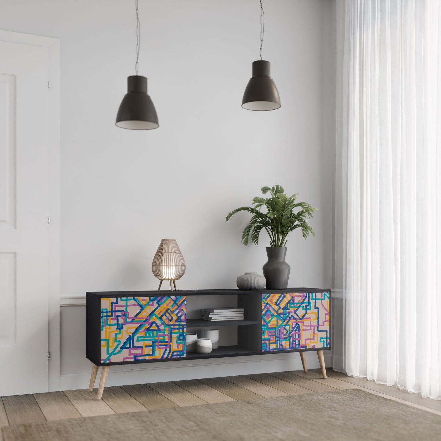 MEMORIES MAP 2-Door TV Stand in Black Finish