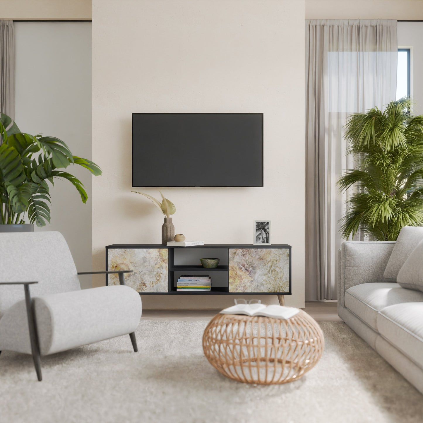 SUNFLOWER BLUR 2-Door TV Stand in Black Finish