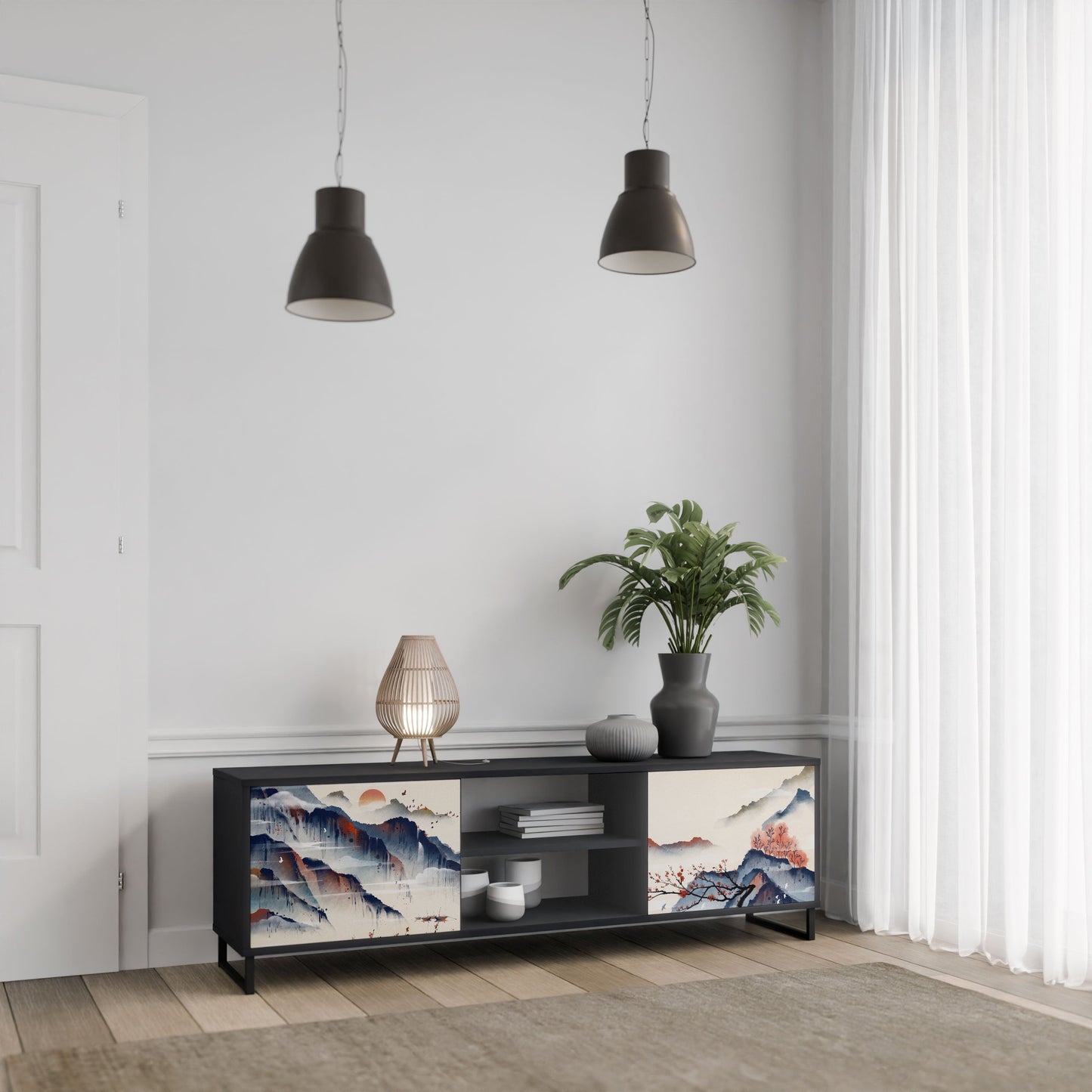 JAPANESE LANDSCAPE 2-Door TV Stand in Black Finish