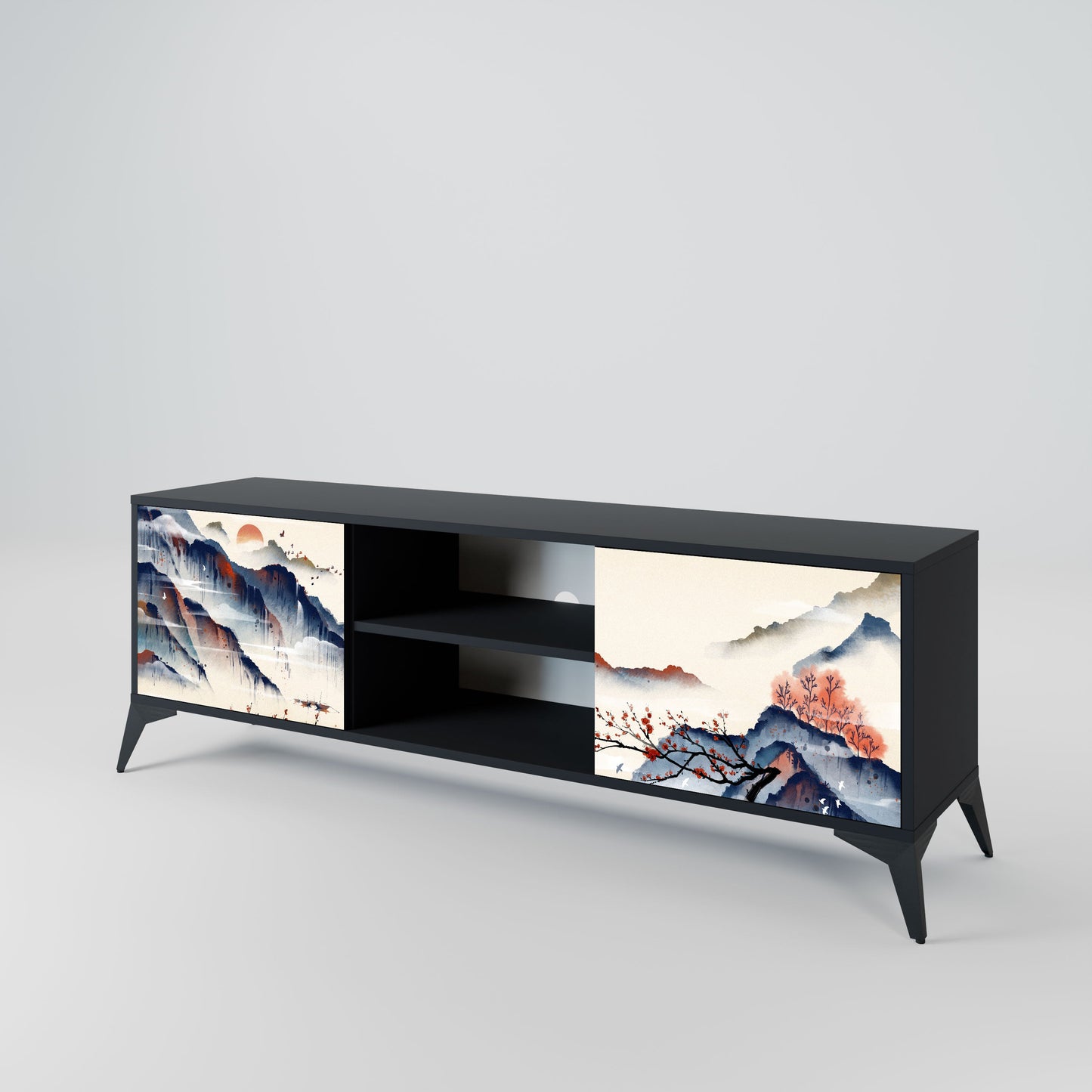 JAPANESE LANDSCAPE 2-Door TV Stand in Black Finish