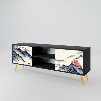 JAPANESE LANDSCAPE 2-Door TV Stand in Black Finish
