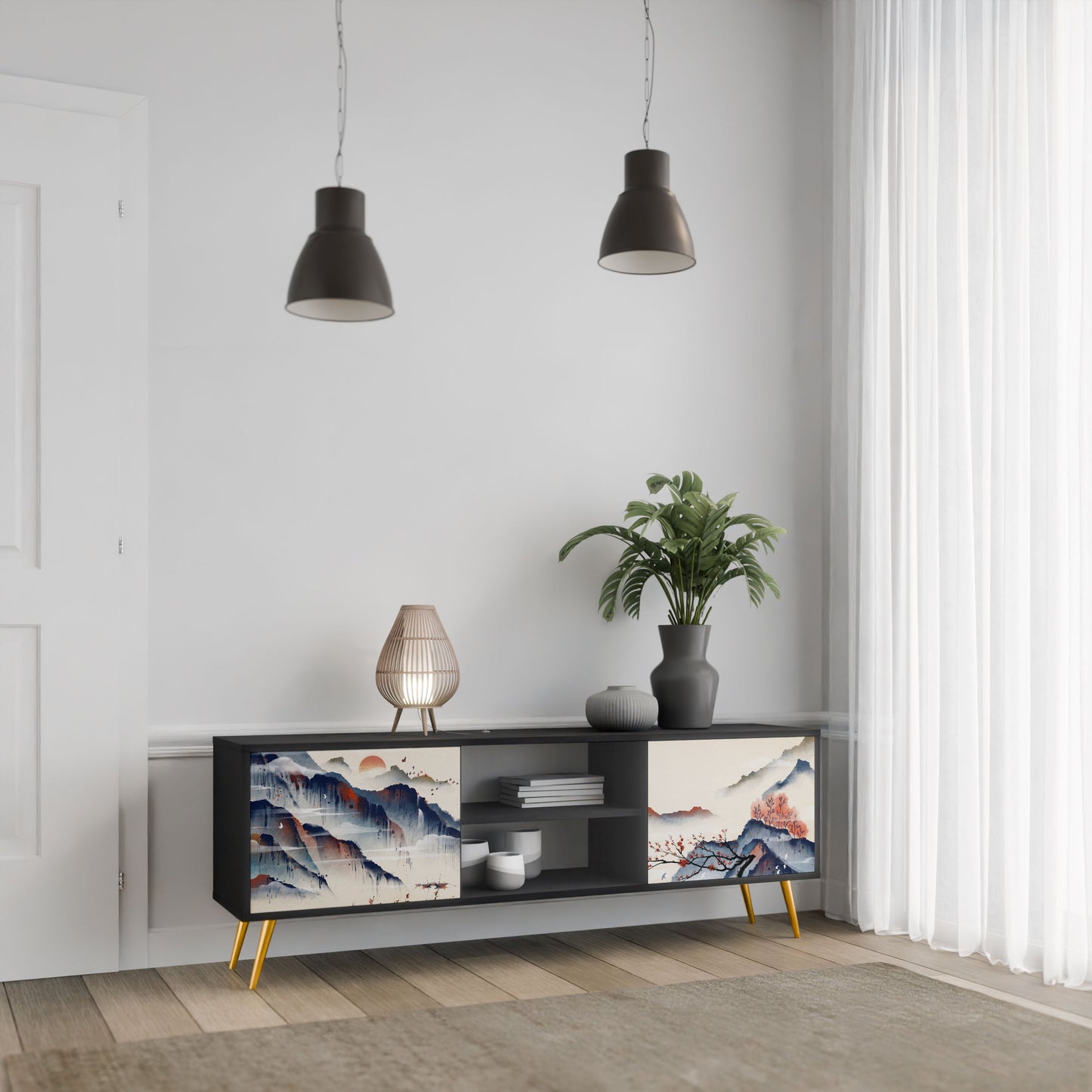 JAPANESE LANDSCAPE 2-Door TV Stand in Black Finish