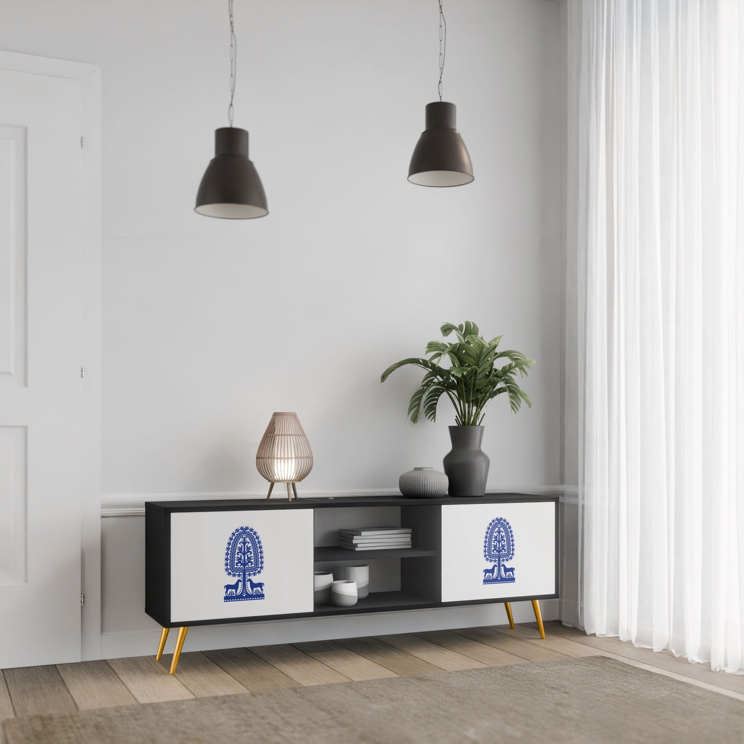 POLISH FOLK ART 2-Door TV Stand in Black Finish
