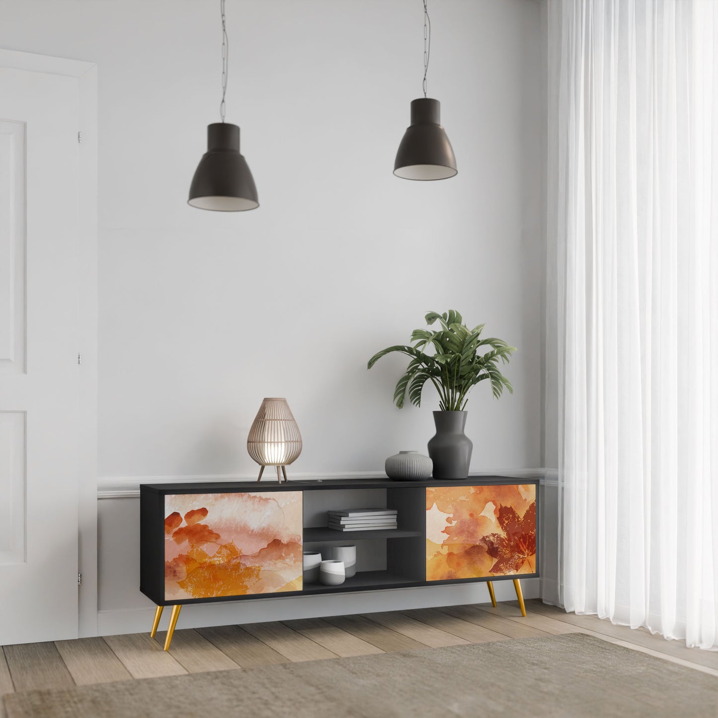 TRACES OF AUTUMN 2-Door TV Stand in Black Finish