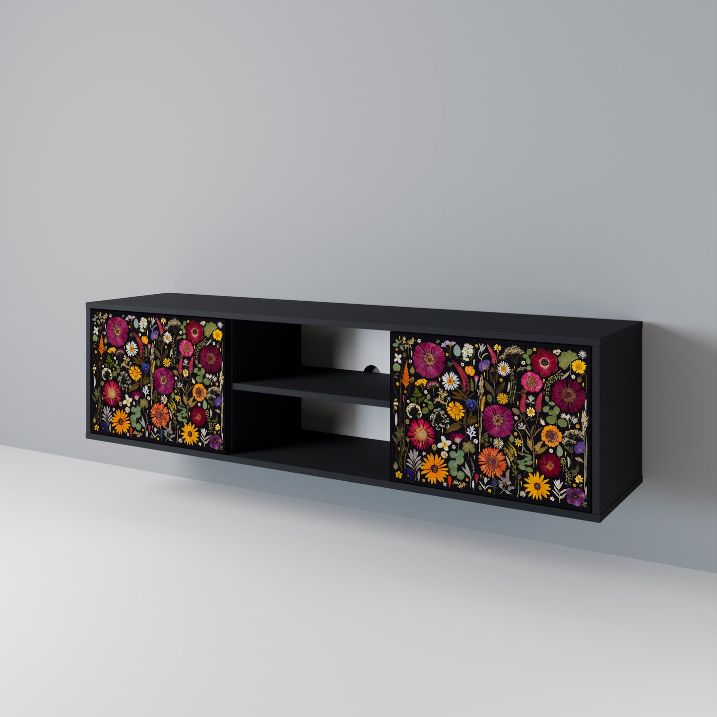 MIDNIGHT GARDEN 2-Door TV Stand in Black Finish