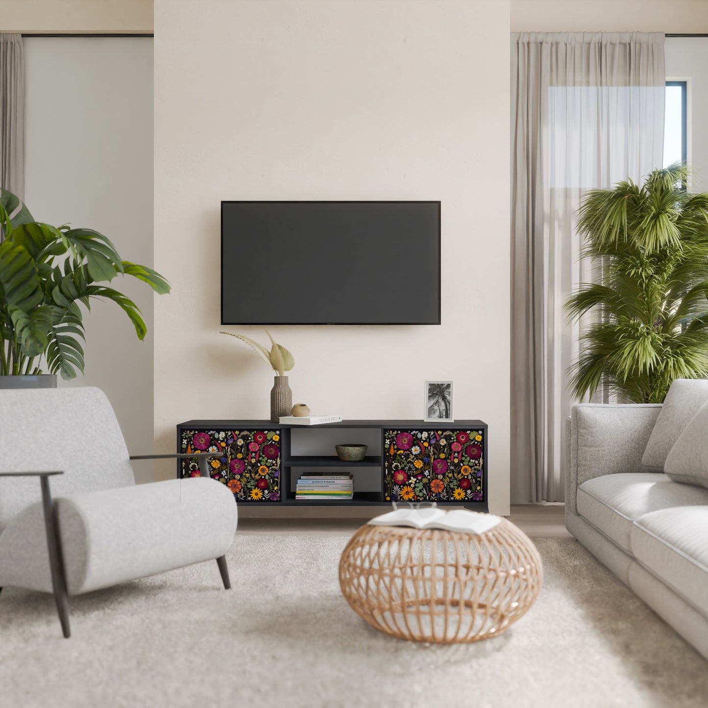 MIDNIGHT GARDEN 2-Door TV Stand in Black Finish