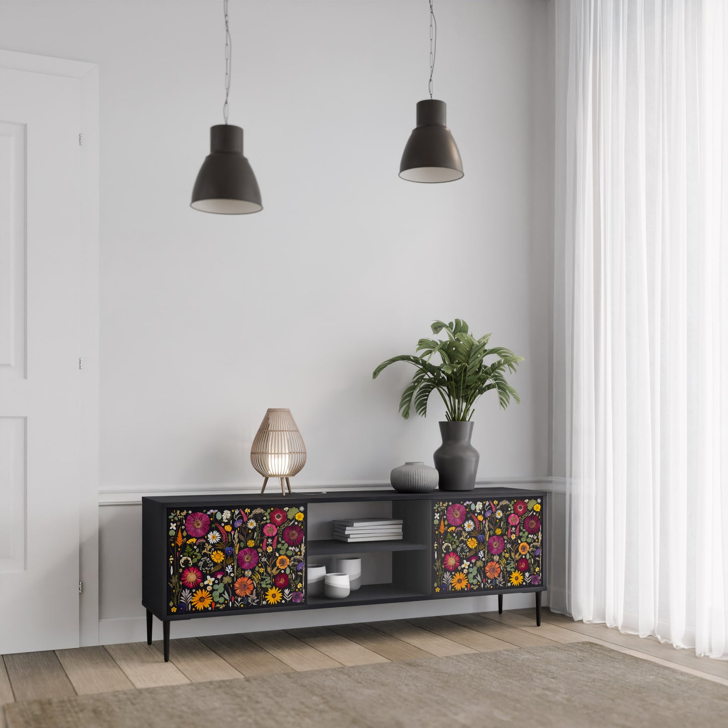 MIDNIGHT GARDEN 2-Door TV Stand in Black Finish