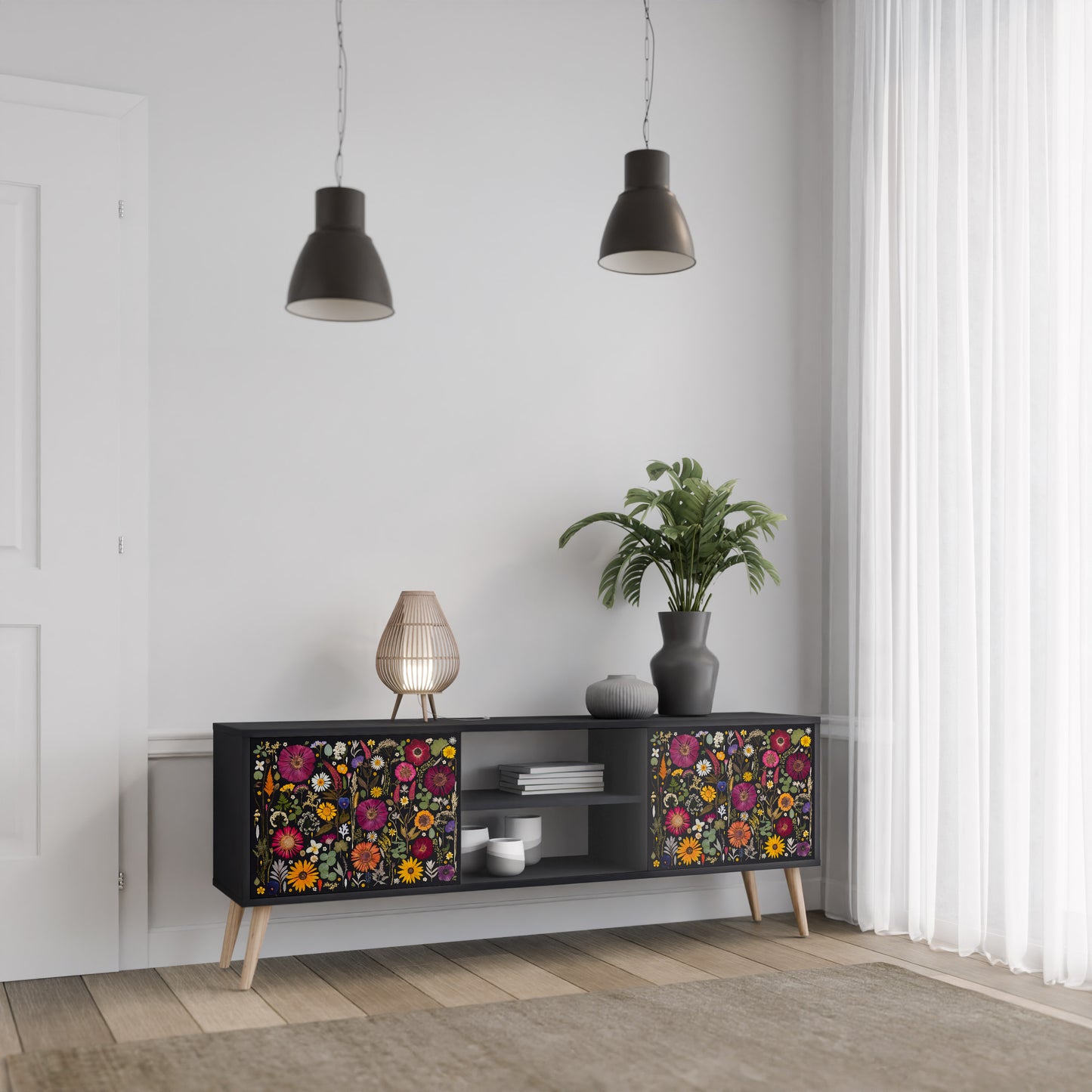 MIDNIGHT GARDEN 2-Door TV Stand in Black Finish
