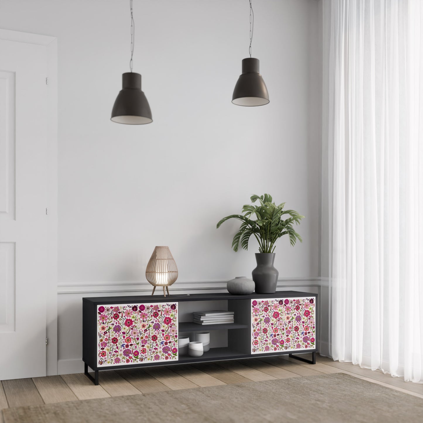 PETAL GARDEN 2-Door TV Stand in Black Finish