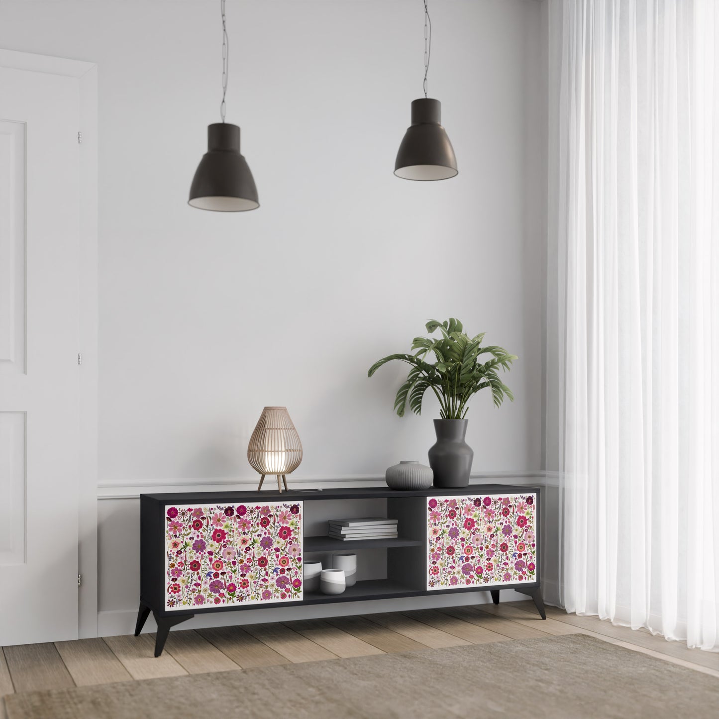 PETAL GARDEN 2-Door TV Stand in Black Finish