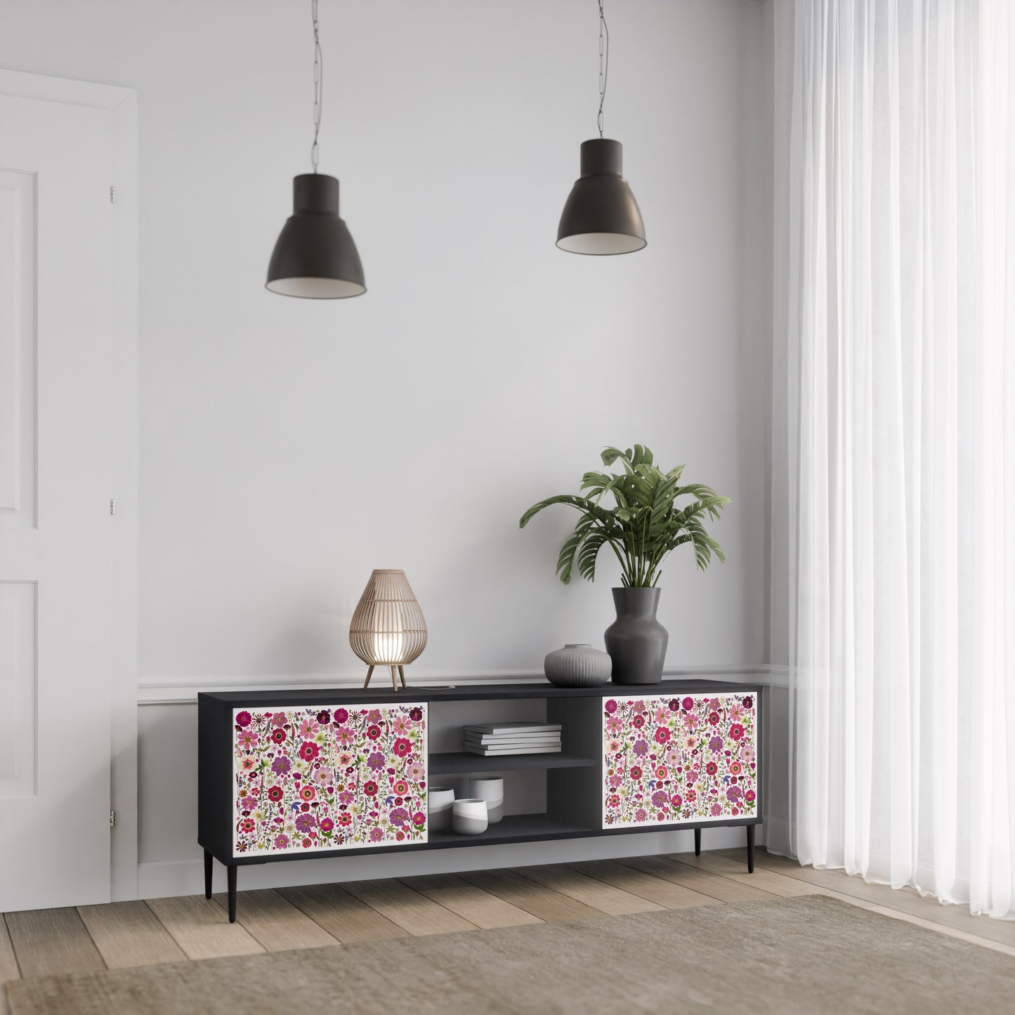PETAL GARDEN 2-Door TV Stand in Black Finish