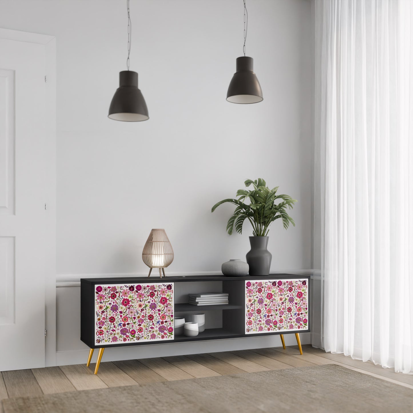 PETAL GARDEN 2-Door TV Stand in Black Finish
