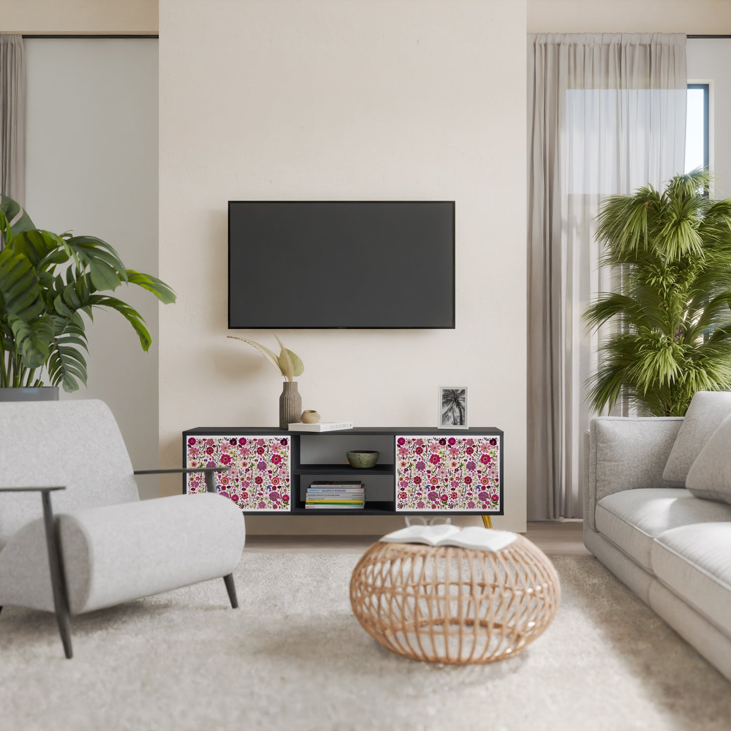 PETAL GARDEN 2-Door TV Stand in Black Finish