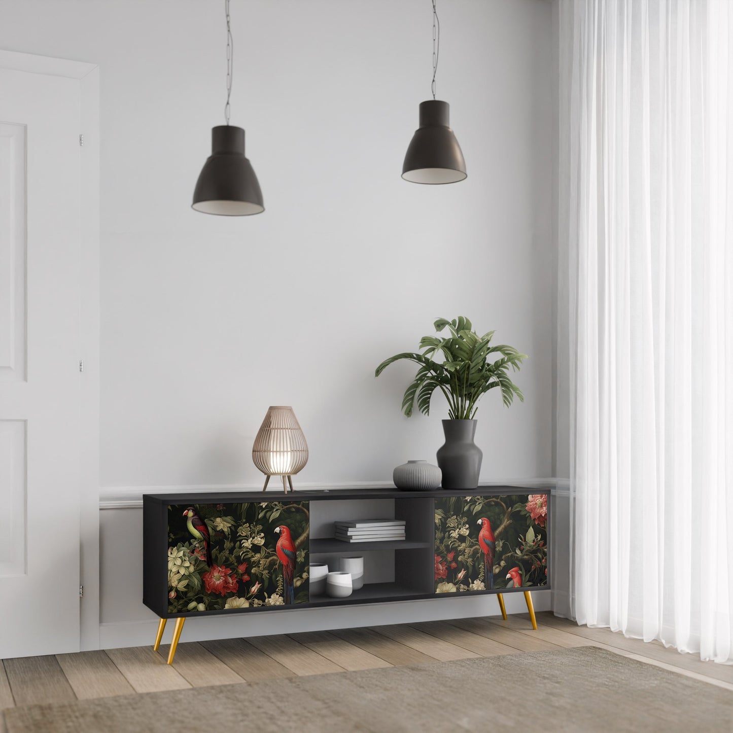 Mobile TV AVIAN GREENERY a 2 ante con finitura nera