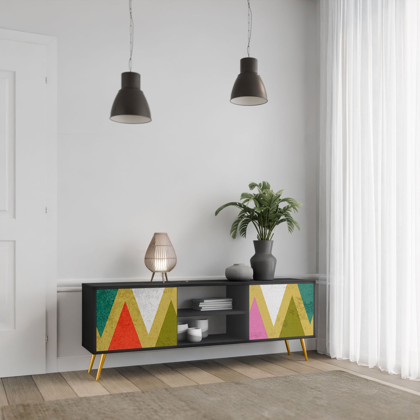 Mobile TV a 2 ante COLORFUL TRIANGLES in finitura nera