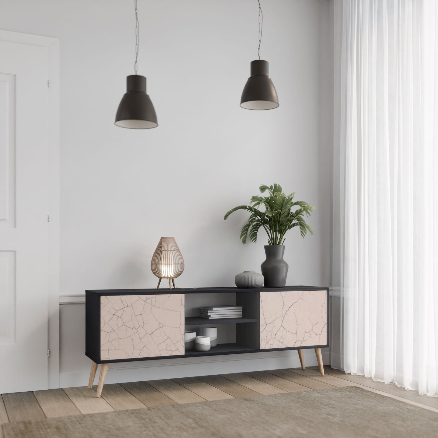 CERAMIC TEXTURE 2-Door TV Stand in Black Finish