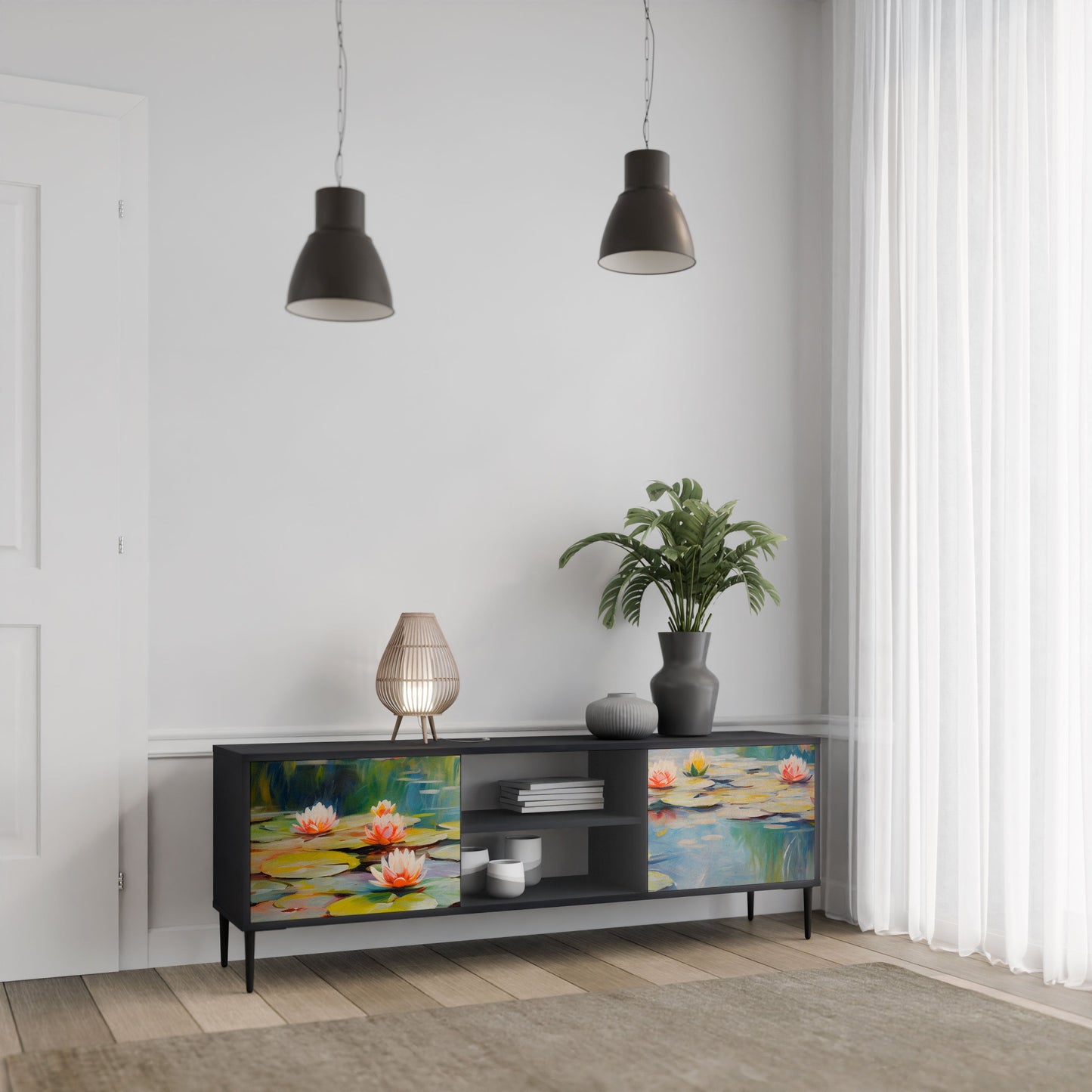 BLOOMING WATERS 2-Door TV Stand in Black Finish