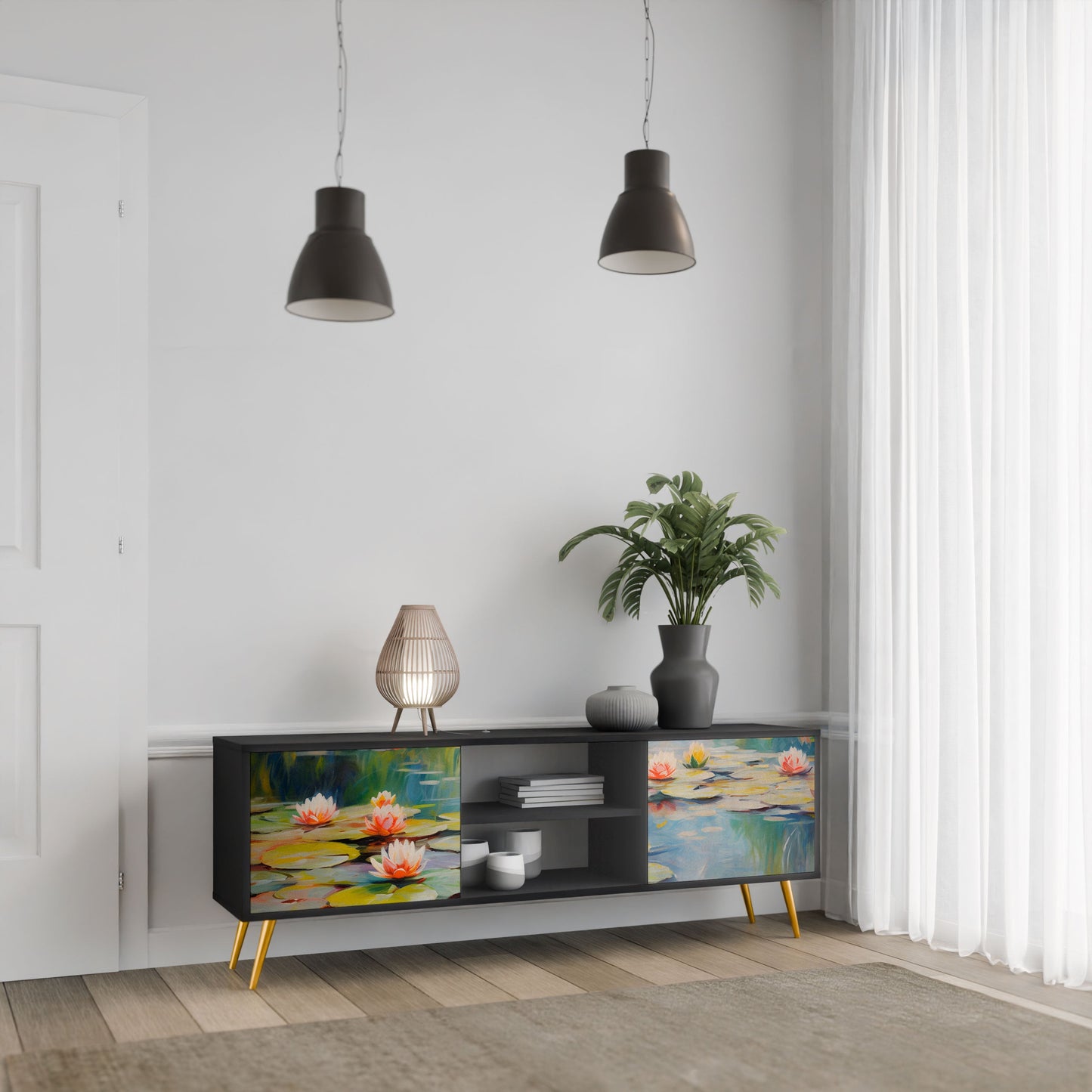 BLOOMING WATERS 2-Door TV Stand in Black Finish
