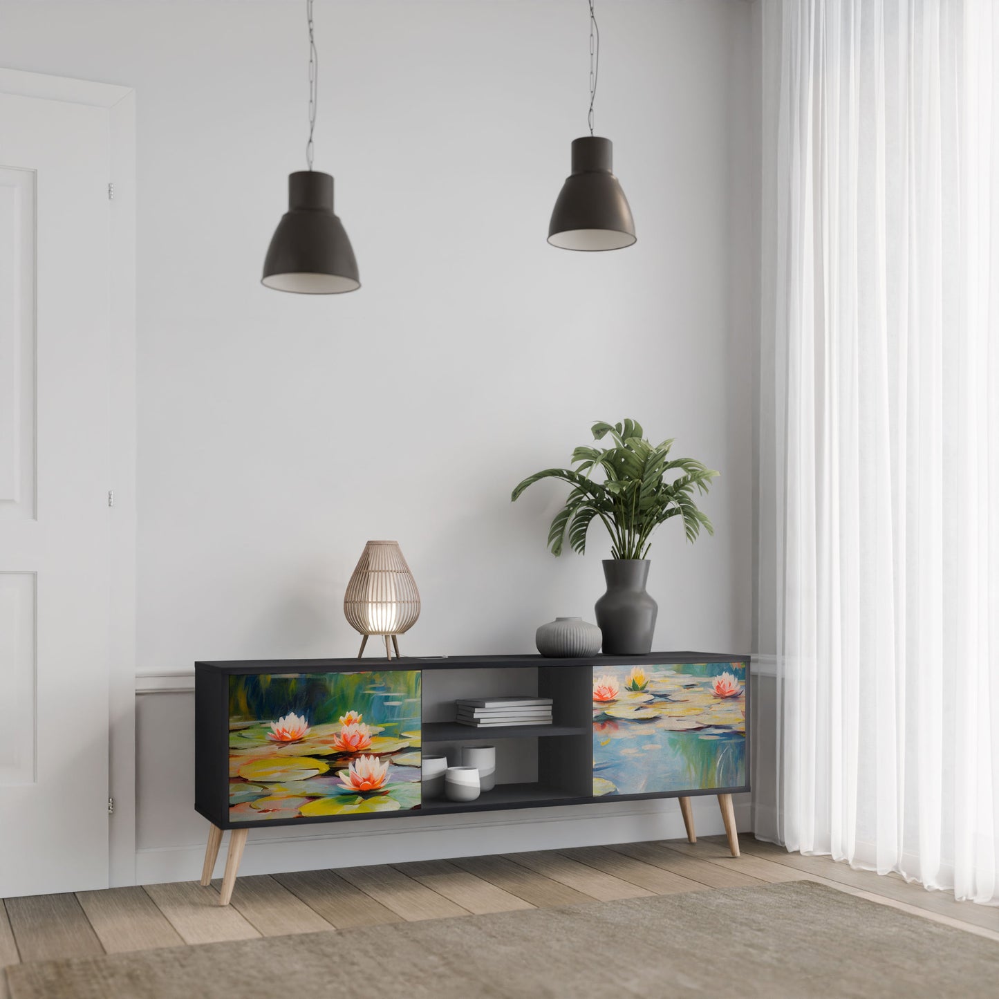 BLOOMING WATERS 2-Door TV Stand in Black Finish
