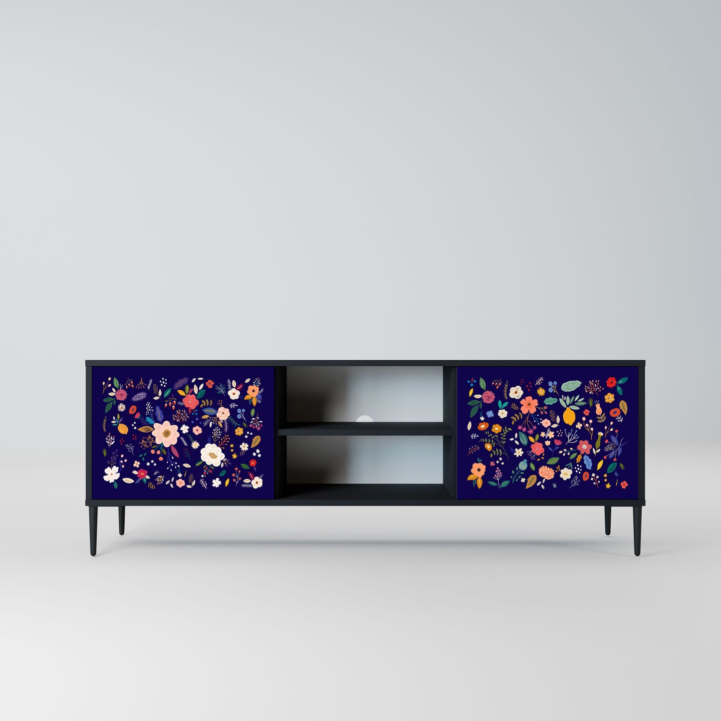 FLORAL COMBINATION 2-Door TV Stand in Black Finish