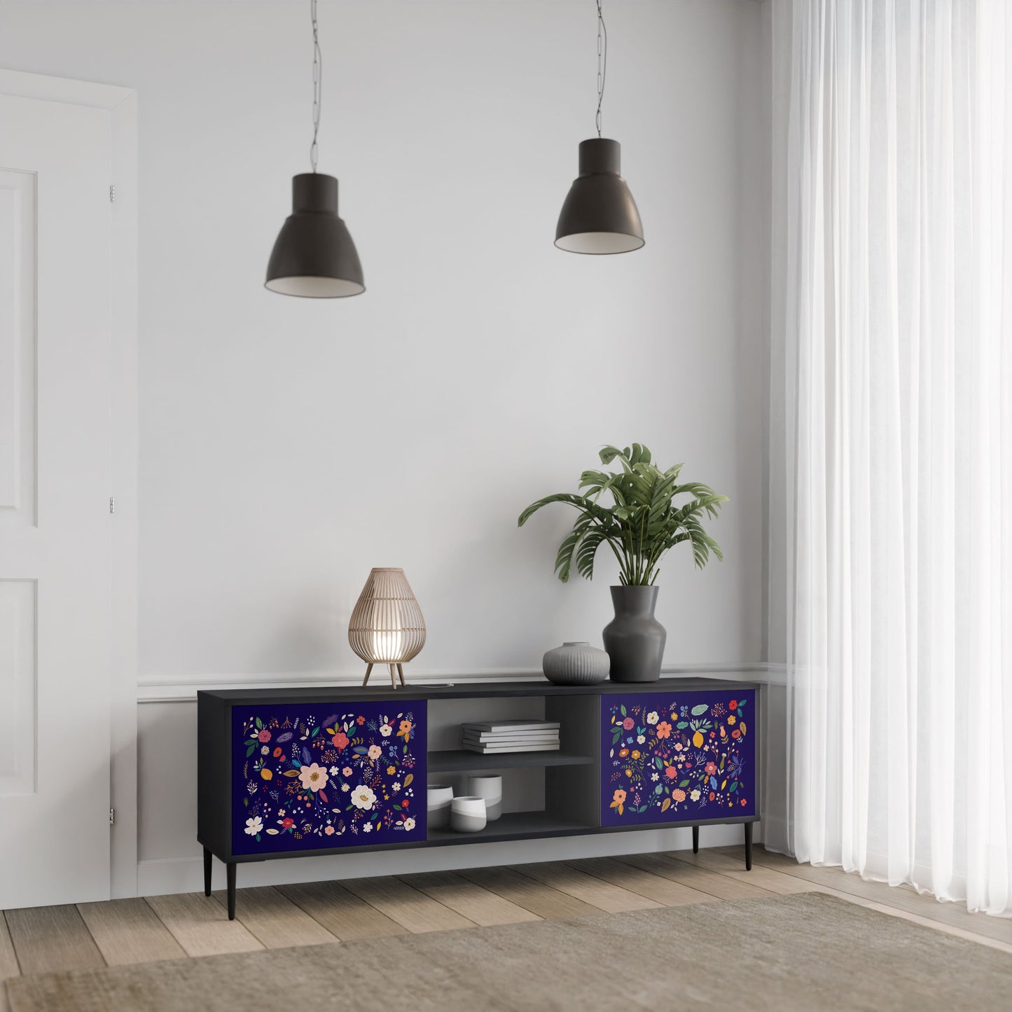 FLORAL COMBINATION 2-Door TV Stand in Black Finish