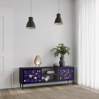 FLORAL COMBINATION 2-Door TV Stand in Black Finish