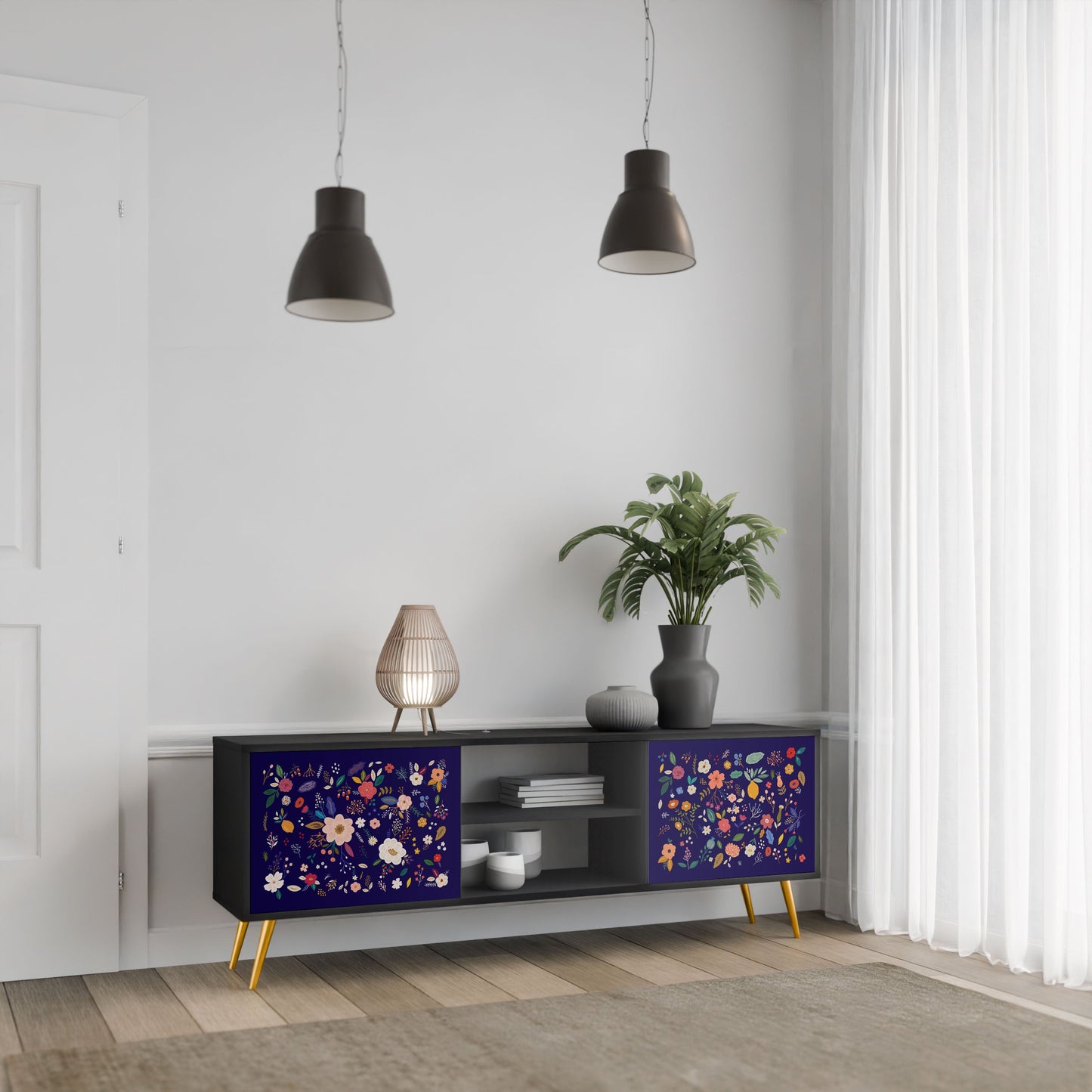 FLORAL COMBINATION 2-Door TV Stand in Black Finish
