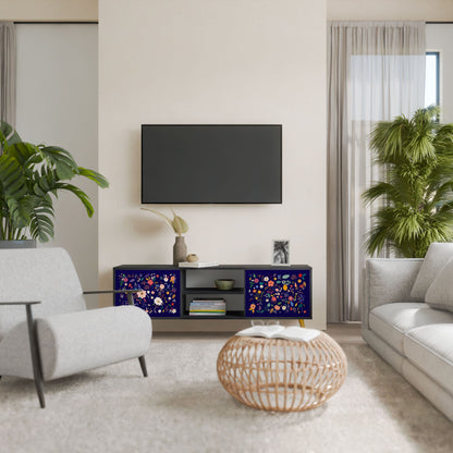 FLORAL COMBINATION 2-Door TV Stand in Black Finish