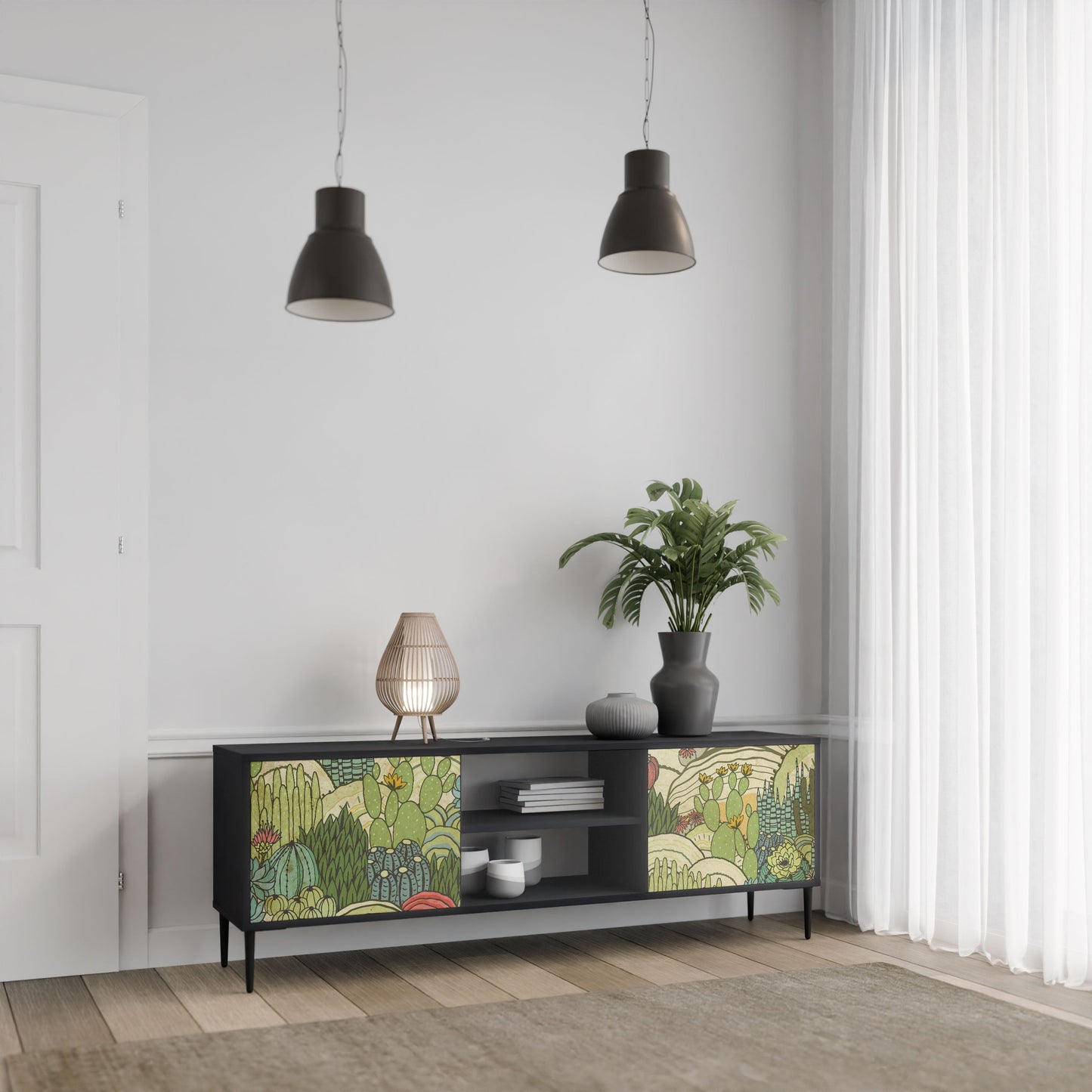 SUCCULENTS KALEIDOSCOPE 2-Door TV Stand in Black Finish
