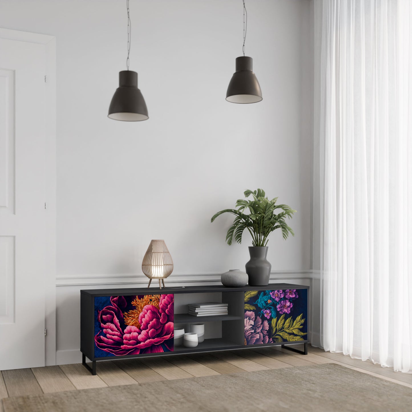BLOOMING ELEGANCE 2-Door TV Stand in Black Finish