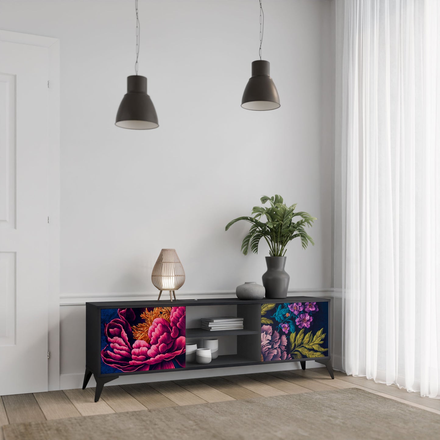 BLOOMING ELEGANCE 2-Door TV Stand in Black Finish
