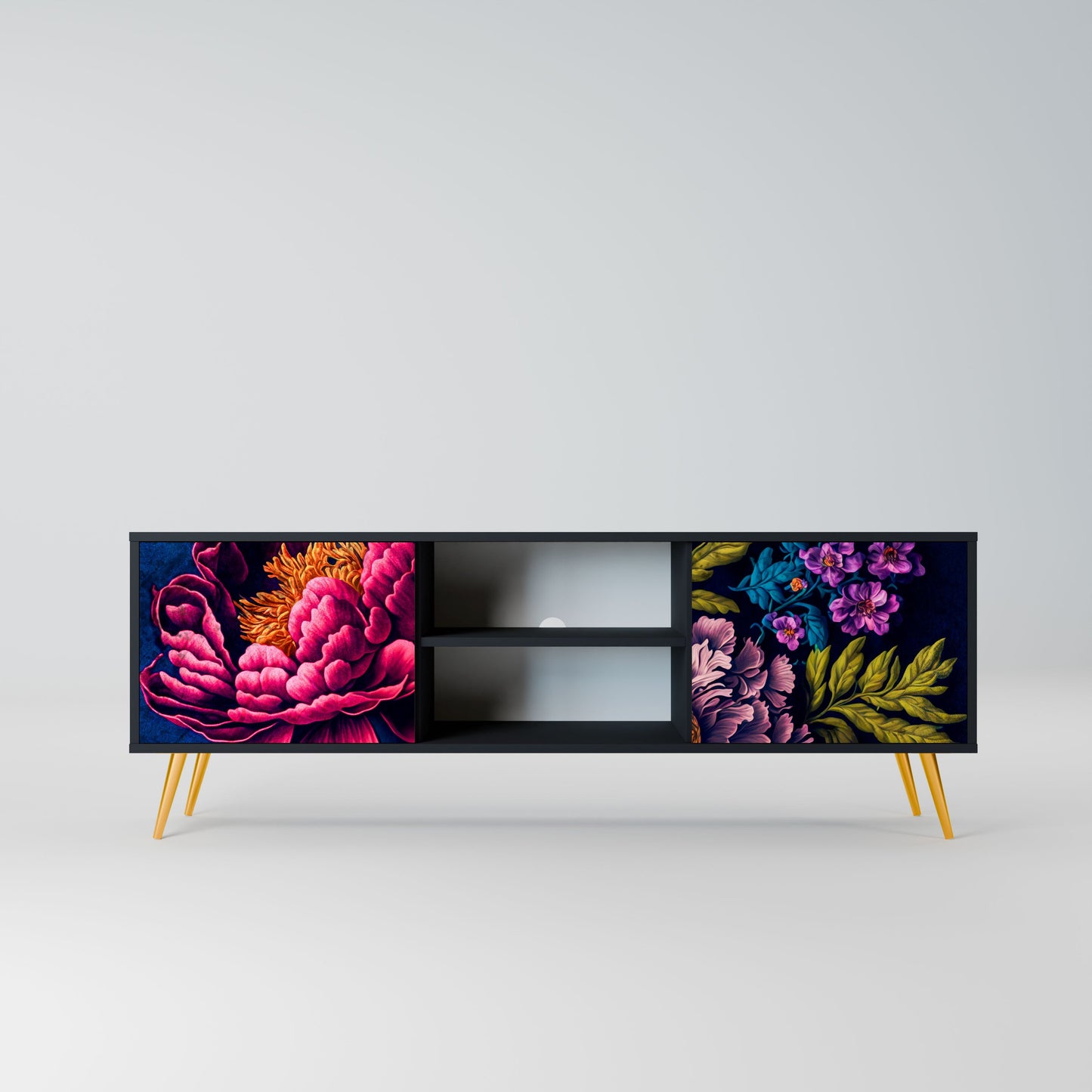 BLOOMING ELEGANCE 2-Door TV Stand in Black Finish