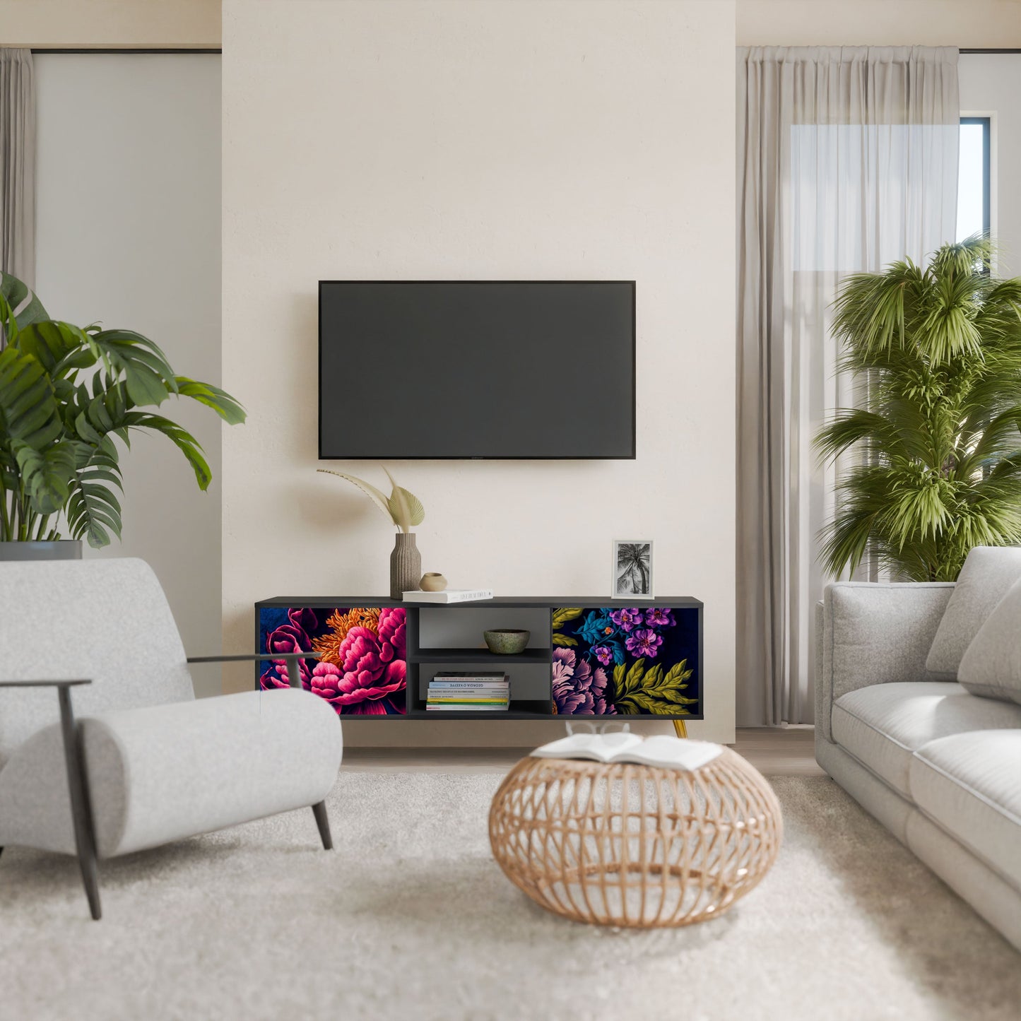 BLOOMING ELEGANCE 2-Door TV Stand in Black Finish