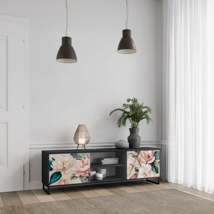 FLORAL GRACE 2-Door TV Stand in Black Finish