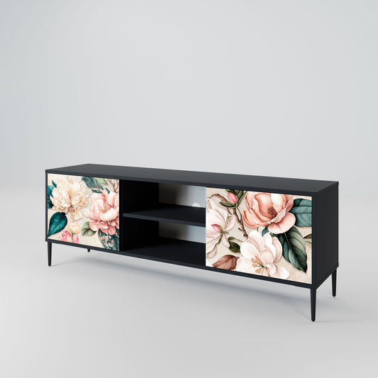 FLORAL GRACE 2-Door TV Stand in Black Finish