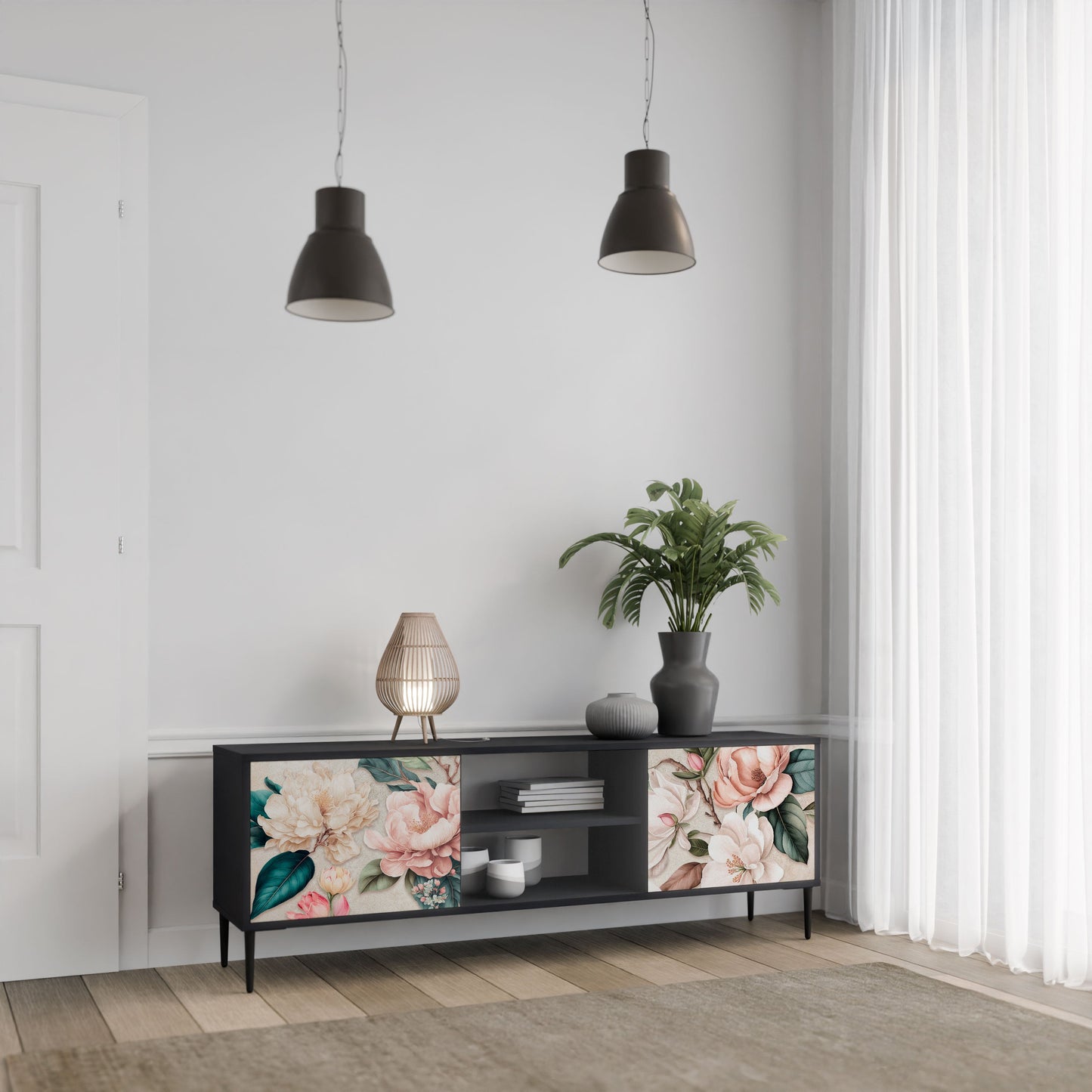 FLORAL GRACE 2-Door TV Stand in Black Finish