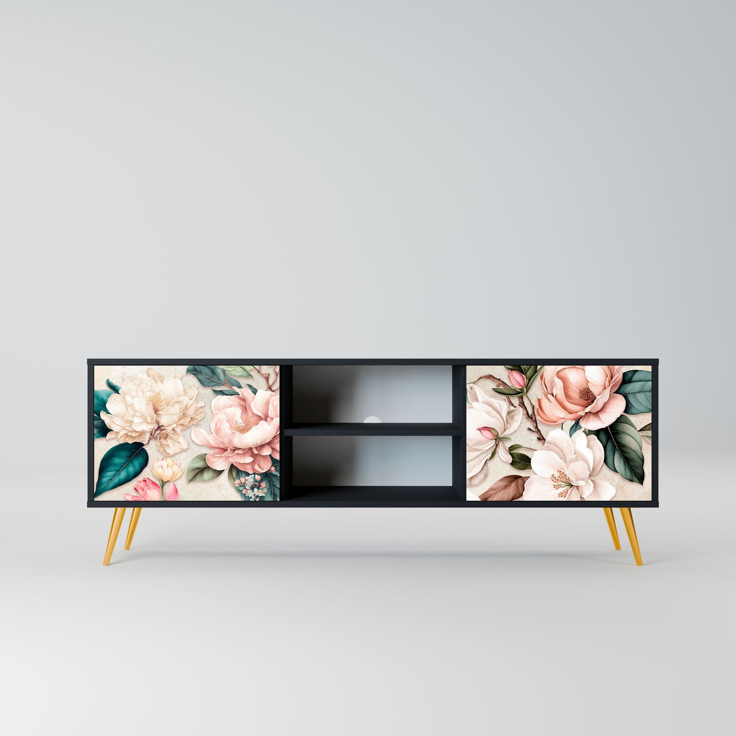 FLORAL GRACE 2-Door TV Stand in Black Finish