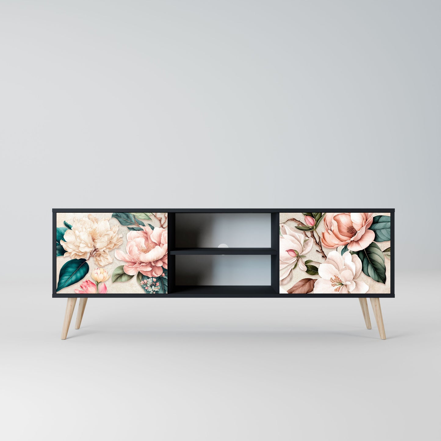 FLORAL GRACE 2-Door TV Stand in Black Finish