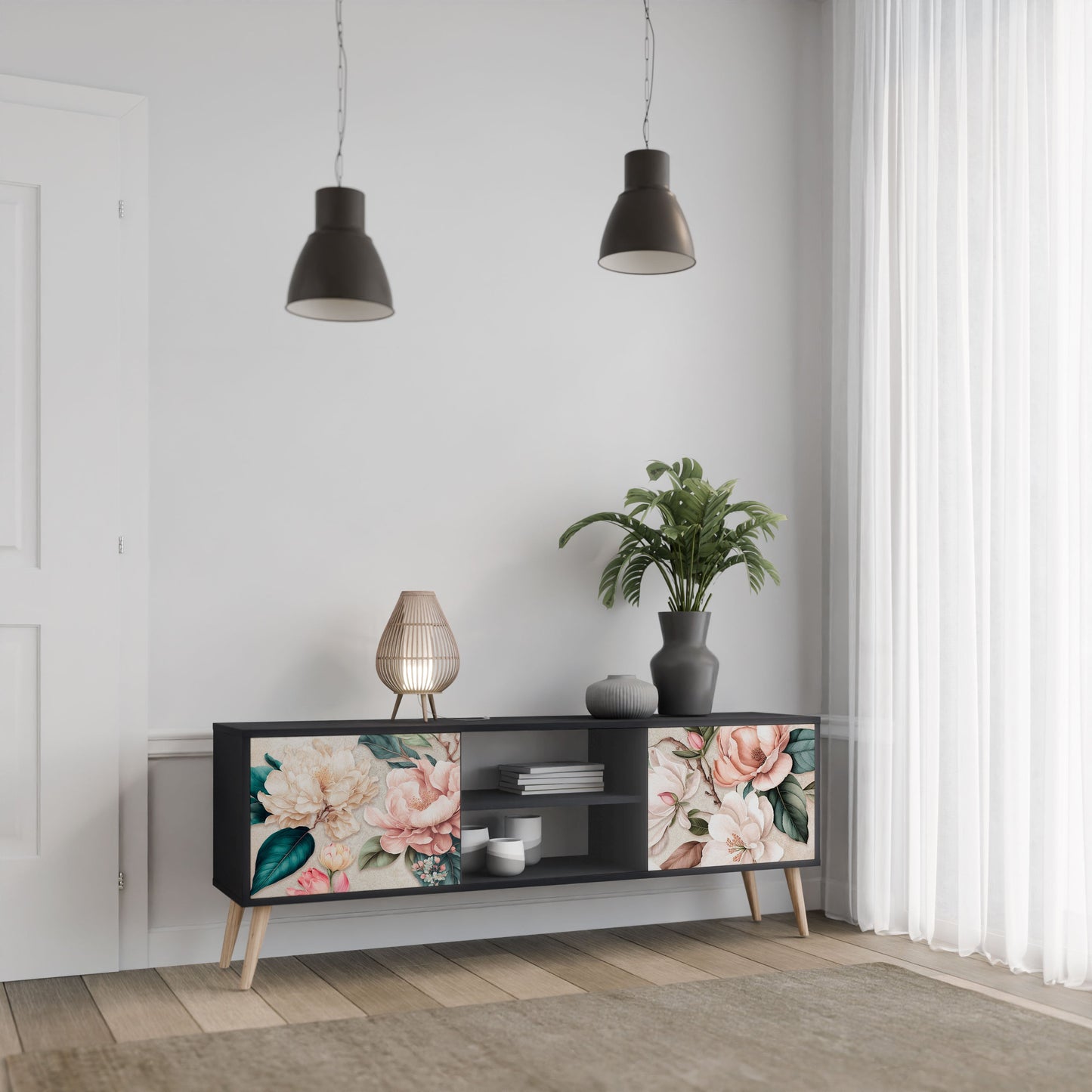 FLORAL GRACE 2-Door TV Stand in Black Finish
