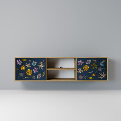 Mobile TV a 2 ante FLOWERS ON NAVY BLUE in effetto rovere