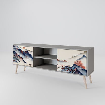 JAPANESE LANDSCAPE 2-Door TV Stand in Grey Finish