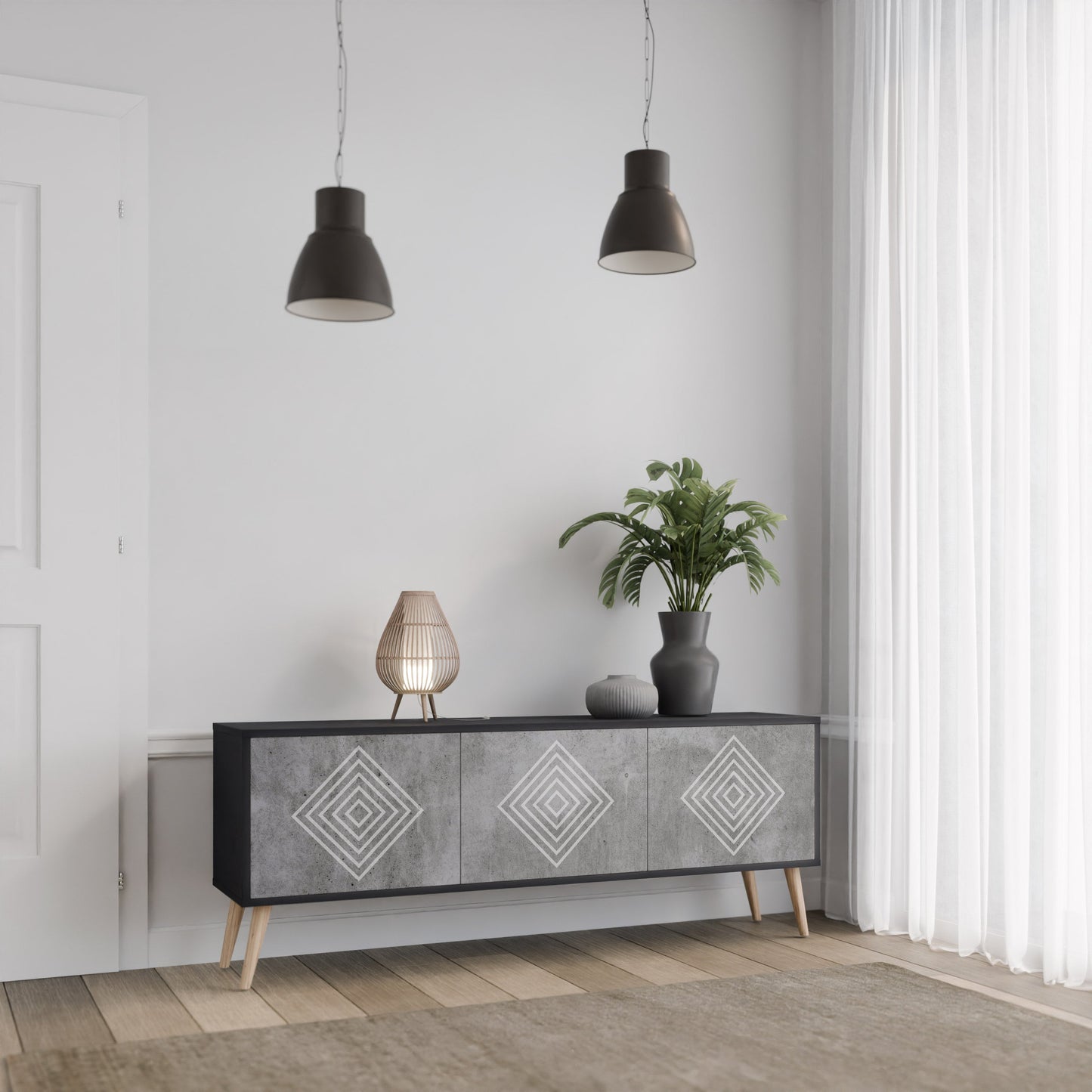 Mobile TV POLYGONAL ARTISTRY a 3 ante con finitura nera