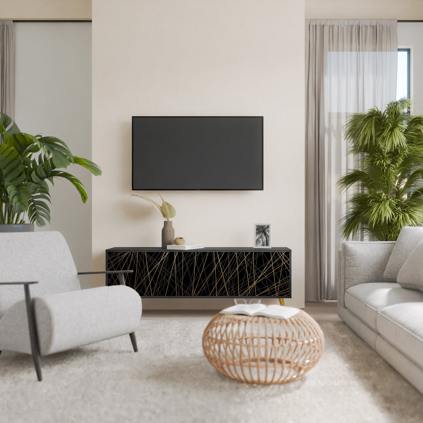 Mobile TV BRIGHT MESH a 3 ante con finitura nera